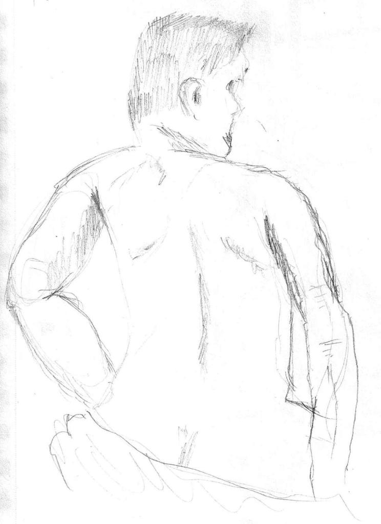 Sketch of person sitting, back view.